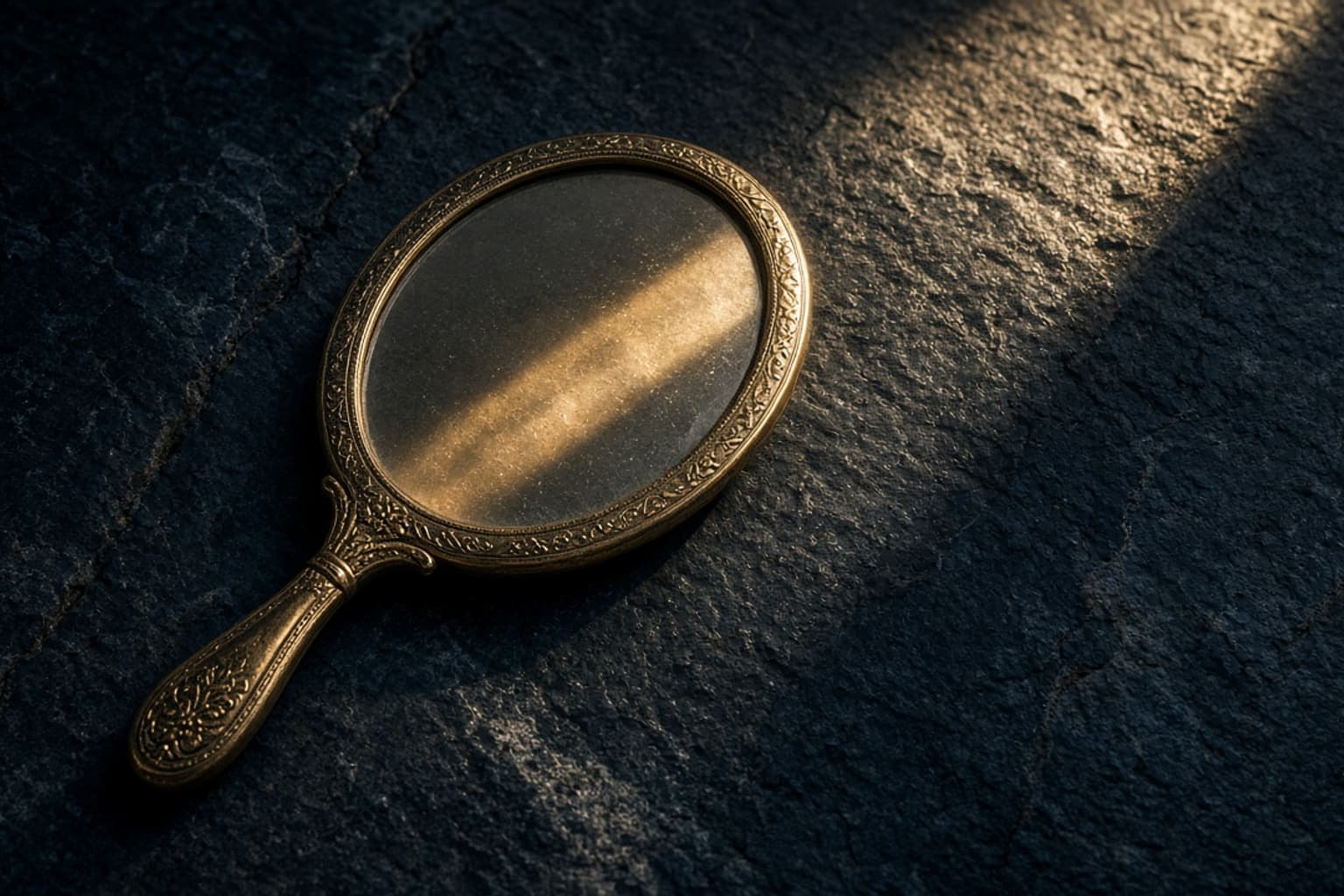 A brass mirror reflecting daylight on a stone table